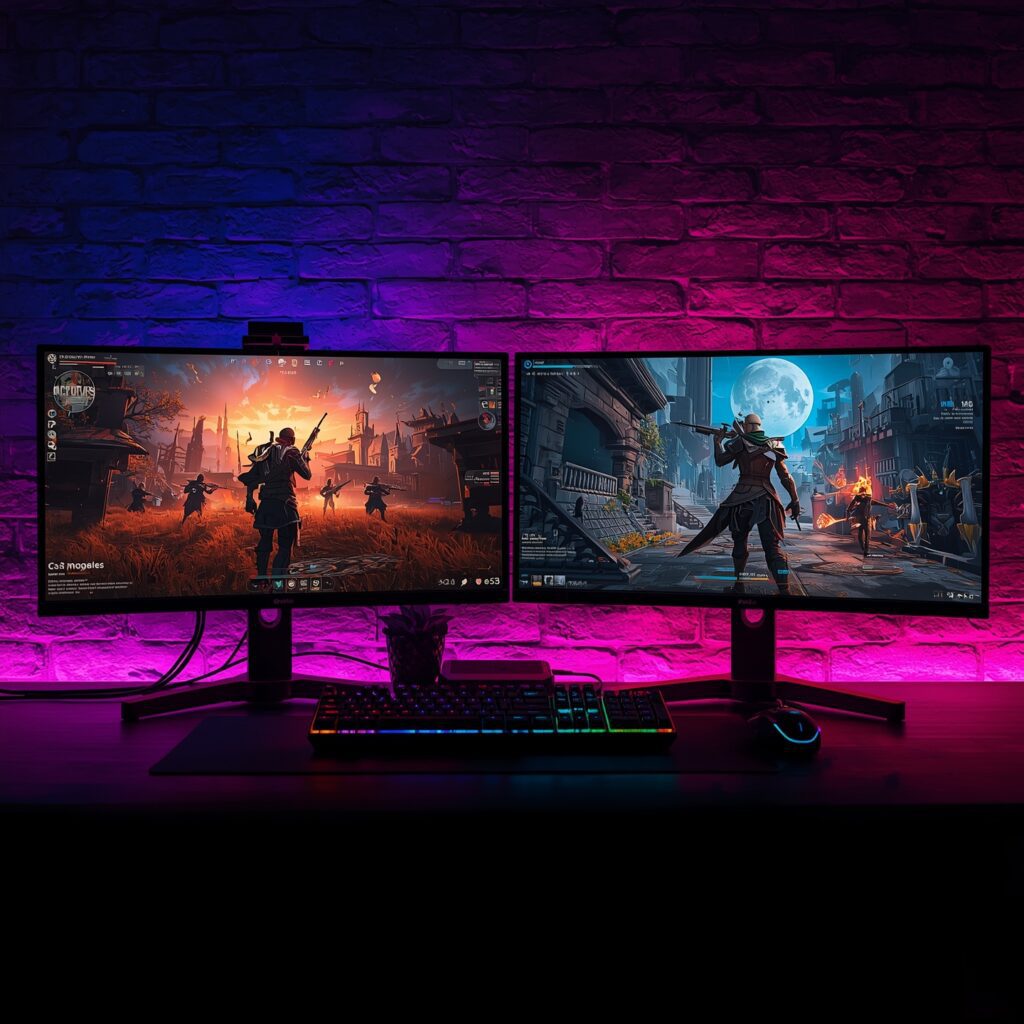 Dois monitores gamer lado a lado exibindo jogos FPS e RPG, com teclado, mouse e cadeira gamer ao redor.