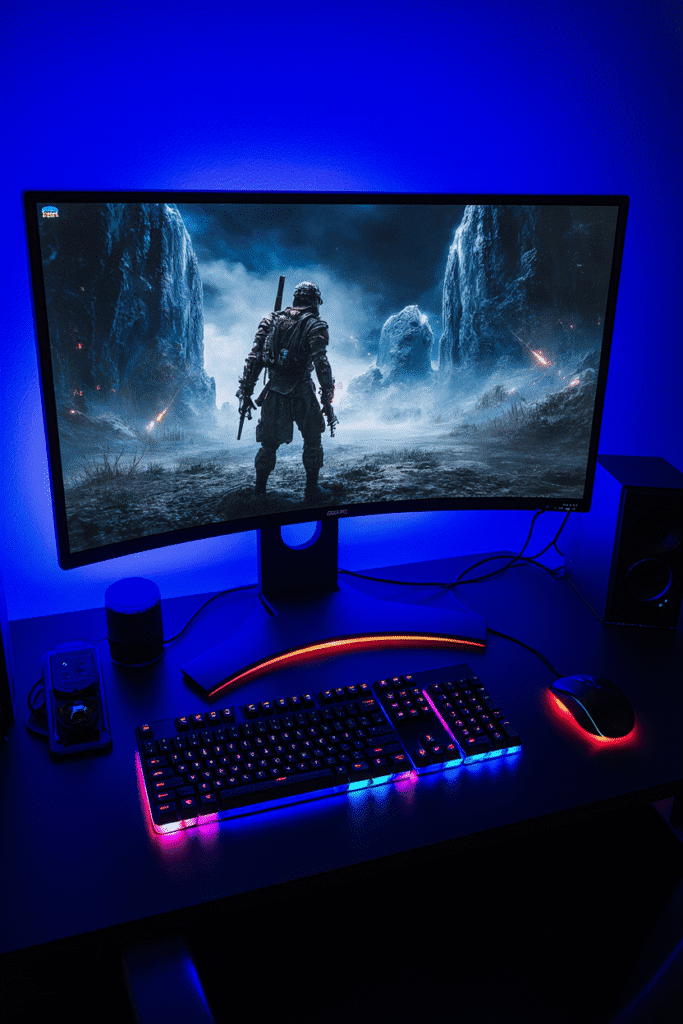 Monitor gamer de 27 polegadas exibindo jogo em resolução 2K com cores vivas e nitidez clara.