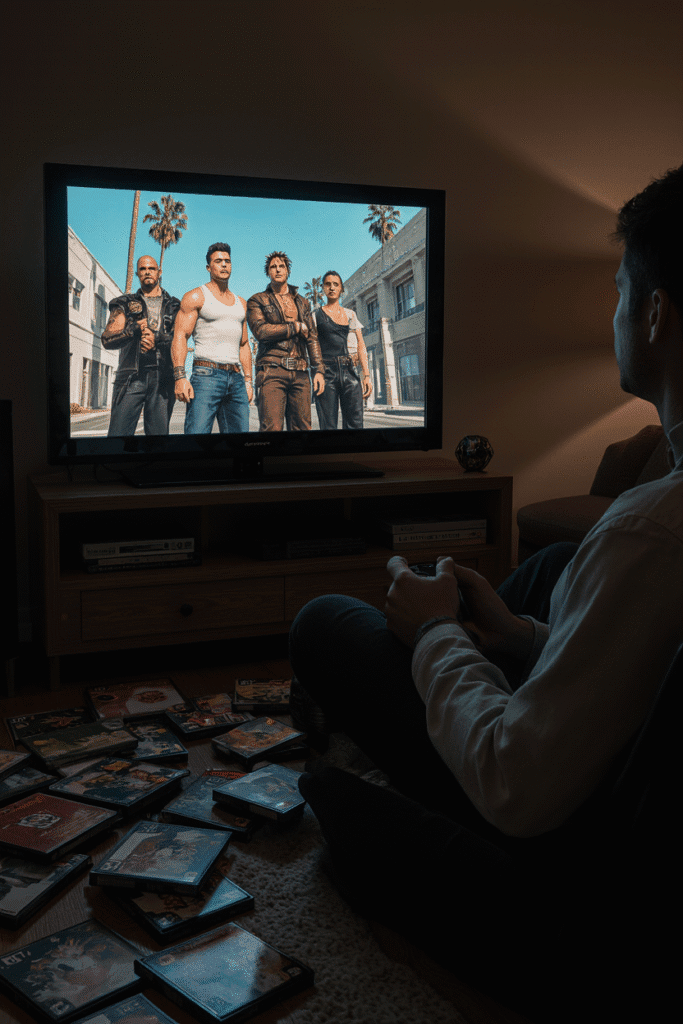 Gamer adulto jogando PS2 em uma TV de tubo com jogos clássicos como GTA San Andreas, God of War, Halo e Final Fantasy VII.