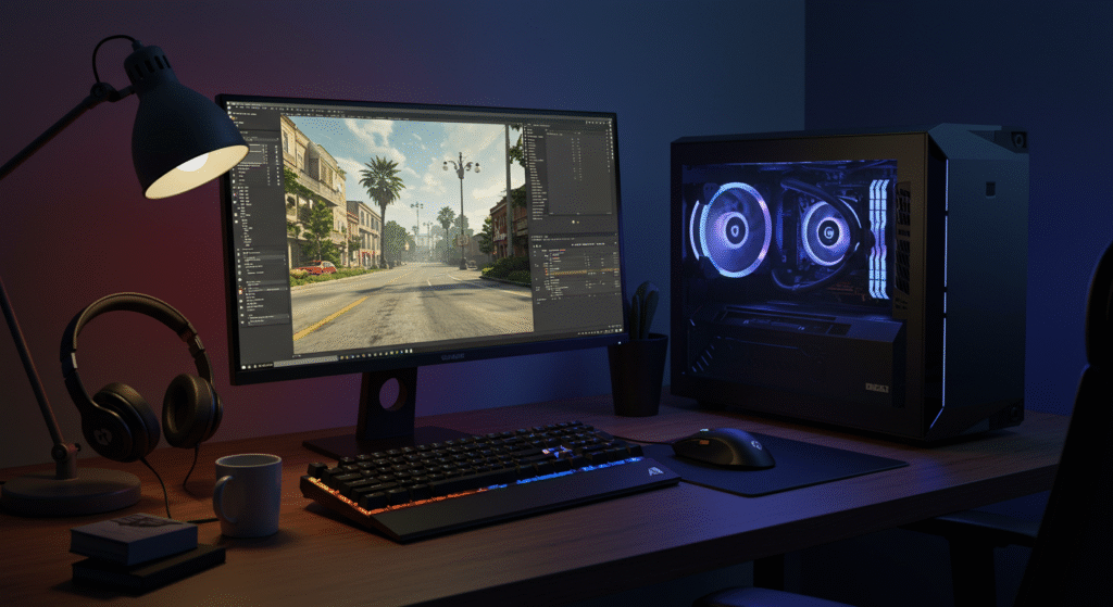 “PC gamer em mesa, mostrando jogo no monitor e ferramentas de trabalho, teclado e mouse iluminados, fones de ouvido sobre a mesa.”