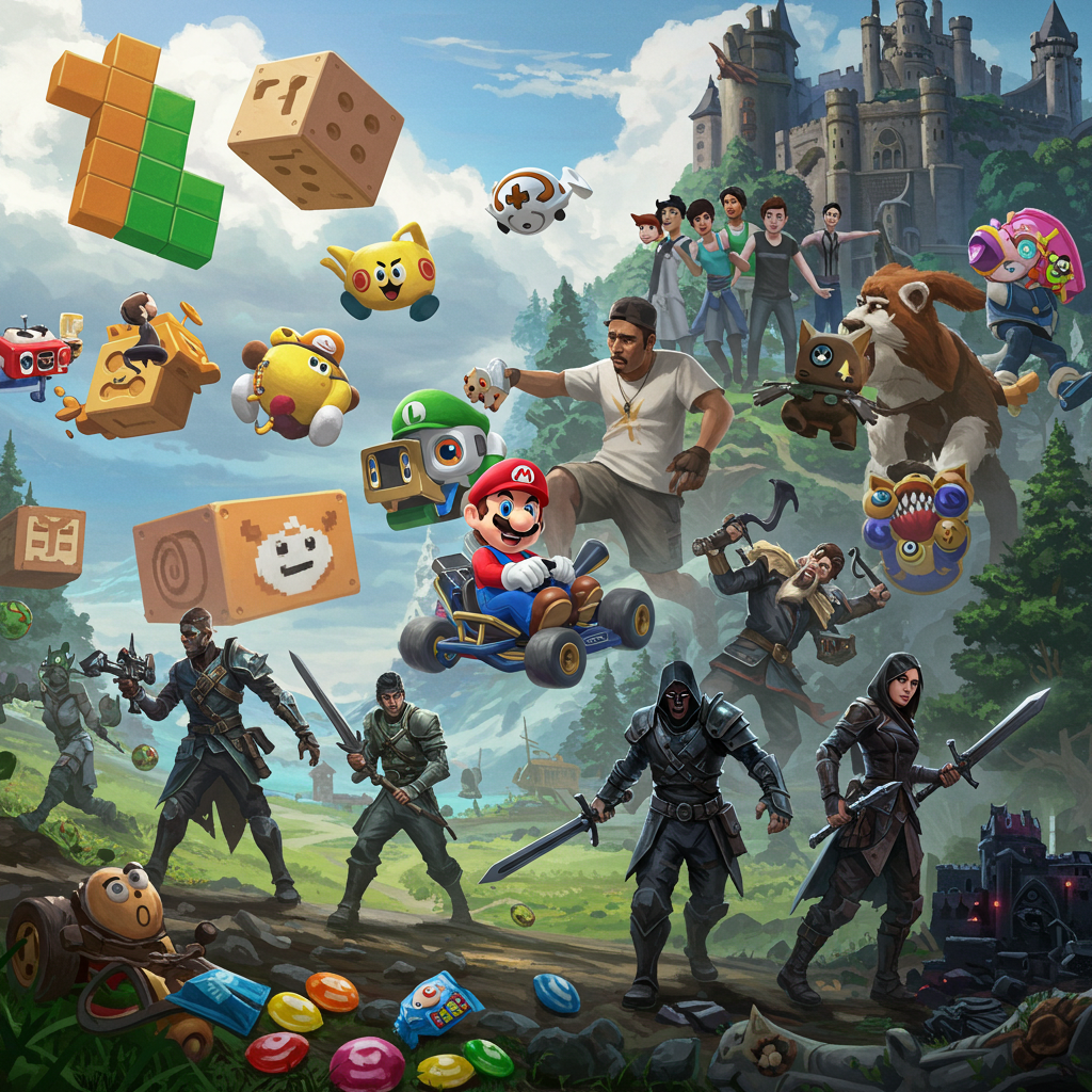 Universo gamer com personagens e elementos icônicos dos 10 jogos mais viciantes.
