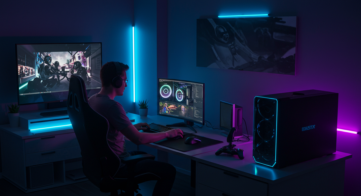 “Gamer comparando PC gamer moderno e console com TV, teclado, mouse e joystick, em quarto com iluminação neon.”