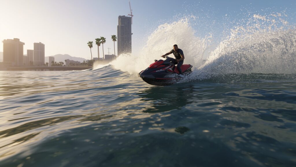 “Jogador em jet ski atravessando ondas realistas em GTA 6, com água espirrando e cidade ao fundo.”