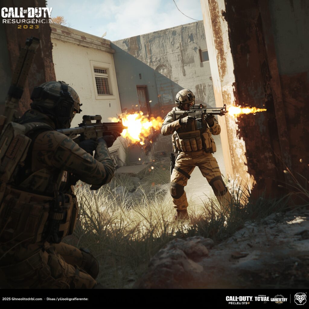 Soldados em combate dentro de prédio em ruínas no Call of Duty: Ressurgência 2025 com explosões ao fundo.